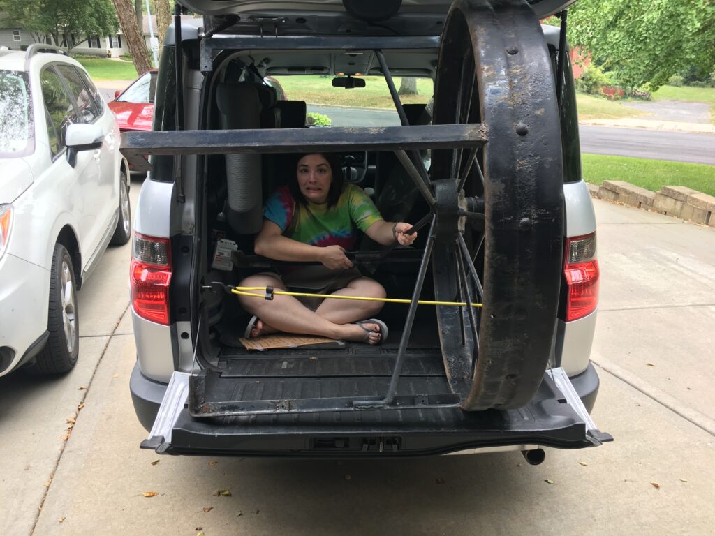 Hauling a wagon wheel table in the back of a honda element