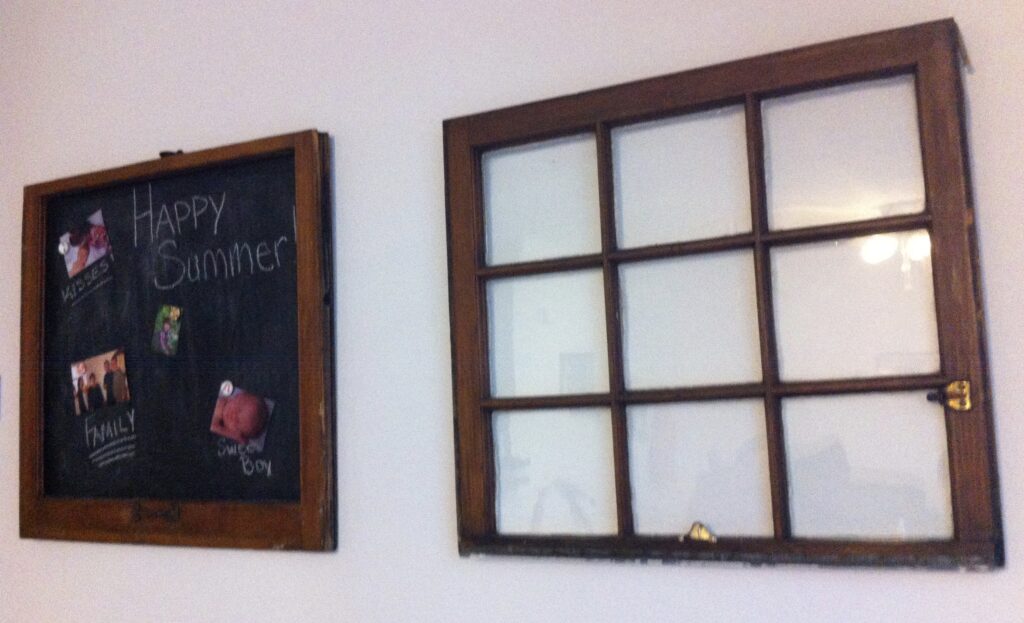 Upcycled chalkboard window and clear nine pane window