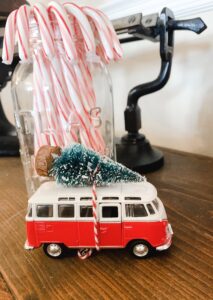 Vintage Volkswagen Bus with Christmas tree tied on top