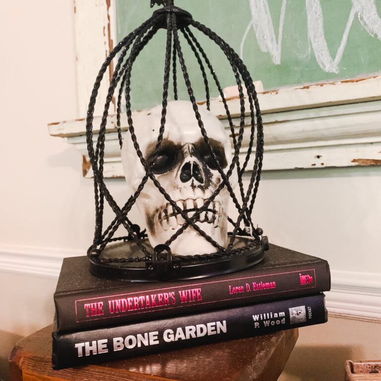 Halloween book stack with skull